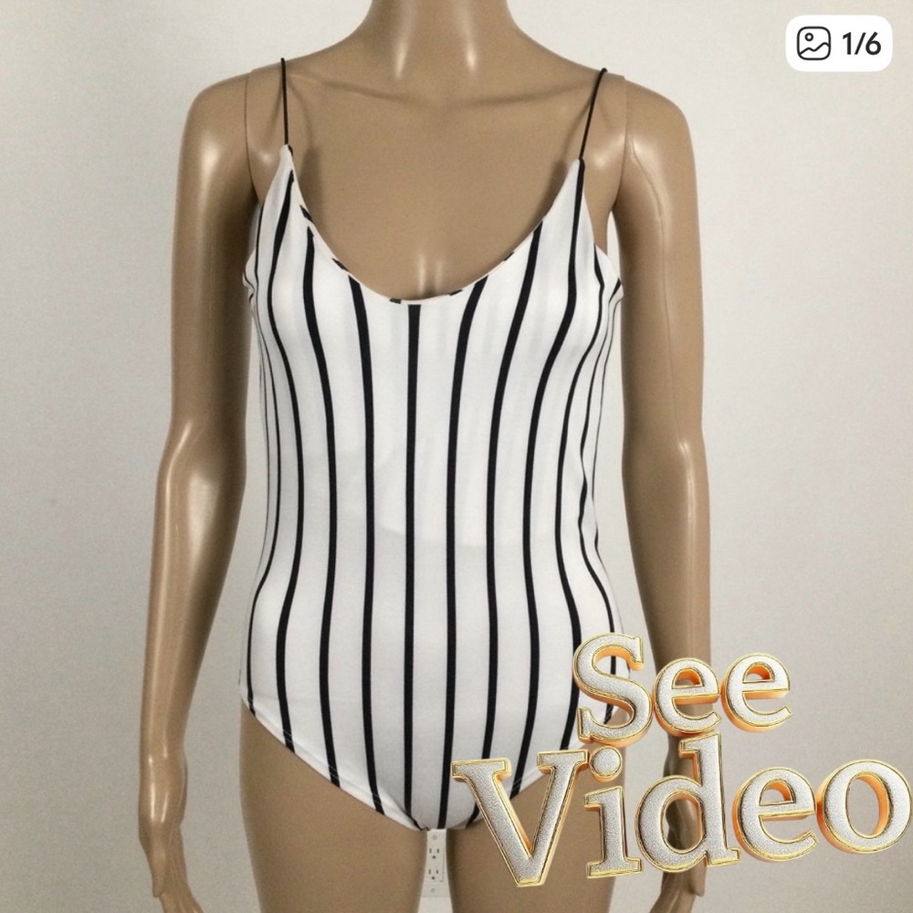 👛 (ANY 2/$20)GAZE Striped Bodysuit Black/White Striped,